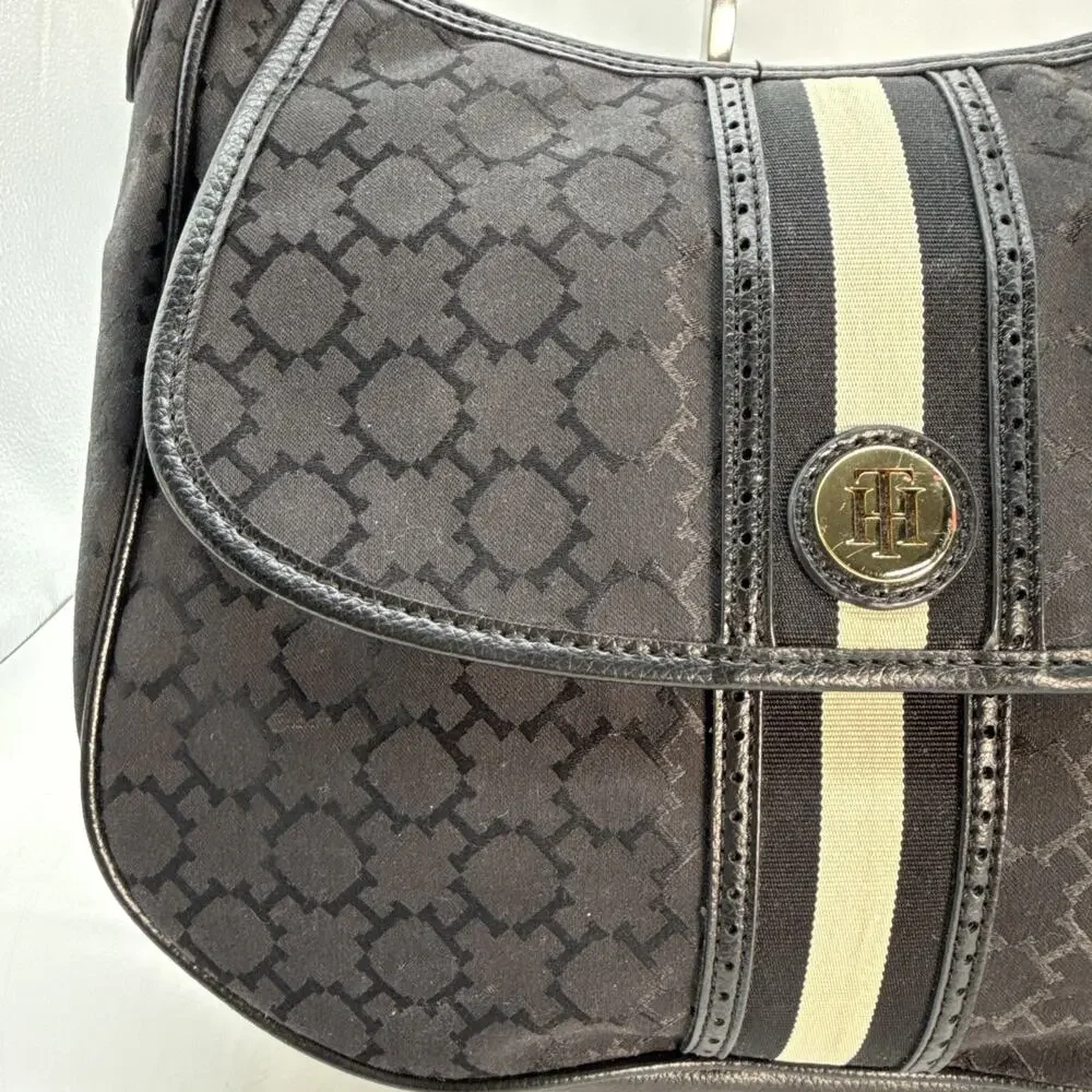 Tommy Hilfiger Black Shoulder Bag Gold Hardware Logo Stud Stripe Accent Snap Zip